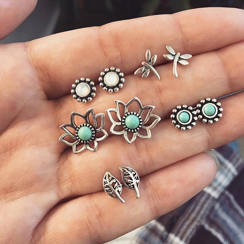 

10 Pcs/set Bohemian Fashion Retro Gem Hollow Lotus Leaf Opal Geometric Earrings Set Women Charm Gifts Jewelry Accessories