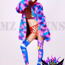 Для женщин Красочные шелк пальто с мехом ночной клуб Для женщин выполнить костюмы бар DJ Сексуальная атмосфера сценические костюмы женская сексуальная одежда