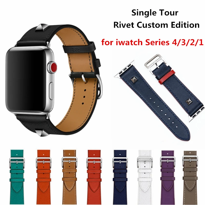 

Genuine Leather Rivet Custom Edition Single Tour Watch band Strap For herm Apple Watch Series 1 2 3 4 iwatch 40 44mm watchbands