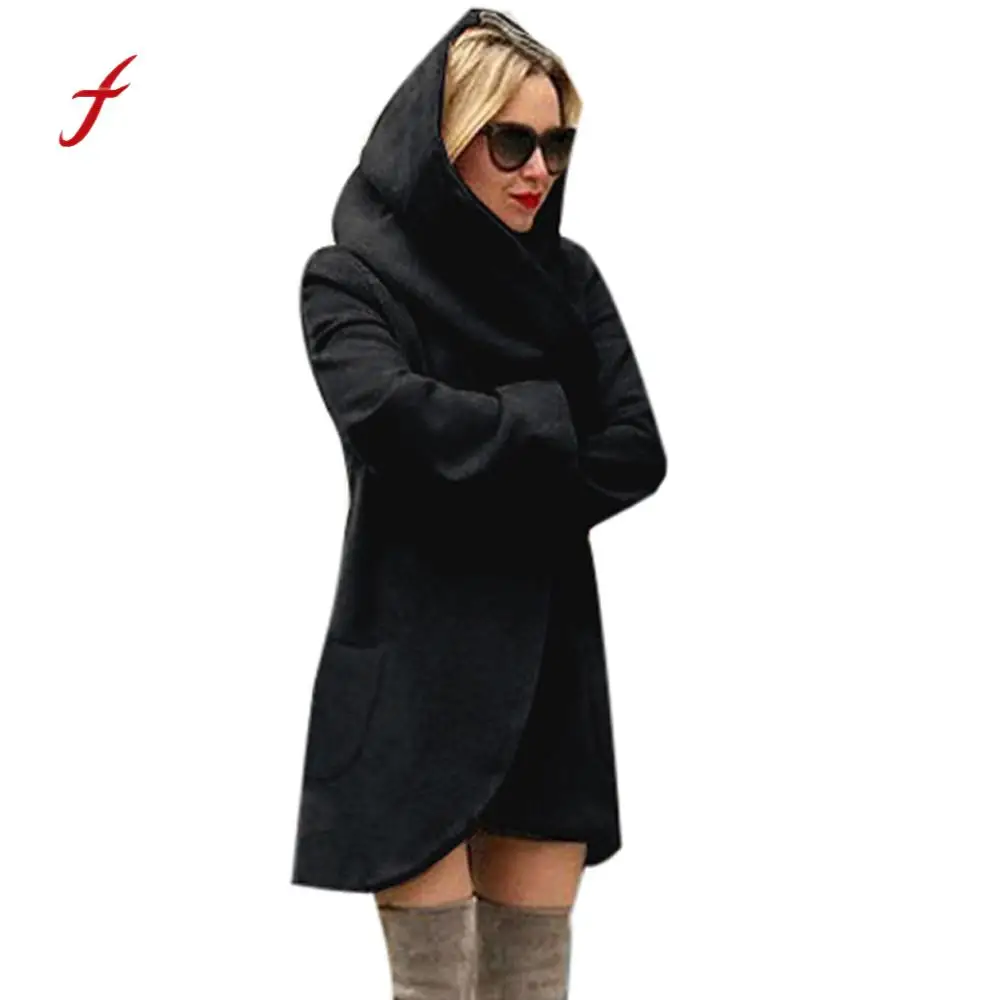 

feitong New Women Coat harajuku Woolen Hooded Thin Coat Loose Ladies Casual Hoodies Jackets Overcoat Top manteau femme hiver