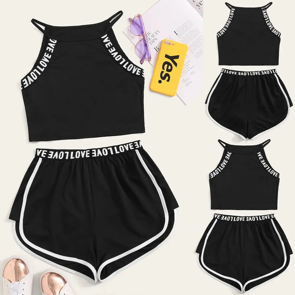 

Women's Sleeveless Set Yoga Fitness Loose Suit Sling T-Shirt + Stretch Shorts Sexy Suit Set Bra Tops+Shorts Running Yoga Gym
