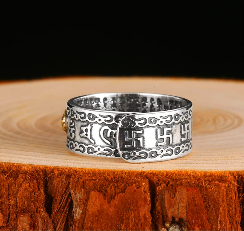 ZABRA 990 серебряное кольцо для мужчин буддистское сердце Сутра Ваджра отважный солдат печатка винтажное регулируемое Стерлинговое серебро ювелирные изделия для женщин