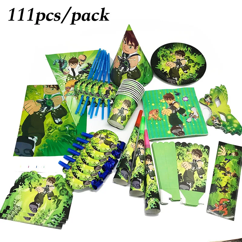 

111pcs Ben 10 theme disposable plates cups straws Ben 10 disposable napkins cups Ben 10 theme birthday party decorations