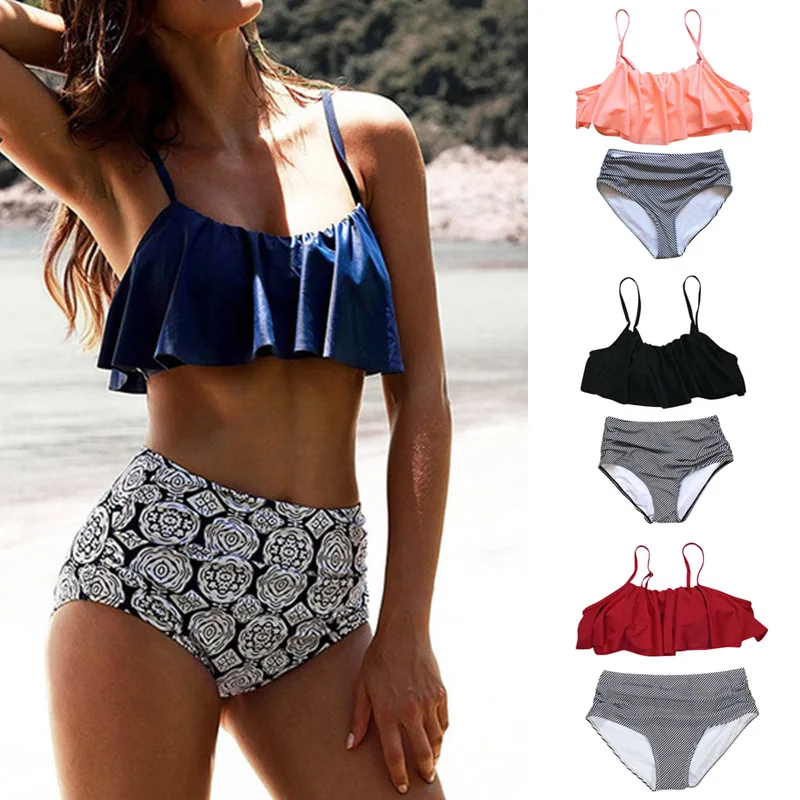

Newly Women Bikini Two Pieces Set High Waist Swimsuit Ruffle Halter Sexy Bikinis Bathing Suit Swimwear FMS19