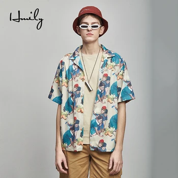 

HMILY Fashion 3D Happiness Printed Shirts Men 2019 Summer New Short Sleeve Casual Dress Shirt Men Loose shirt large size