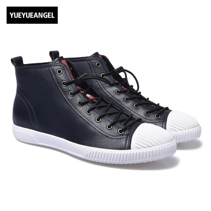 

Fashion Lace Up Mens Genuine Leather High Top Shoes Summer Casual Round Toe Flats Shoes Comfortable Breathable Male Sneakers