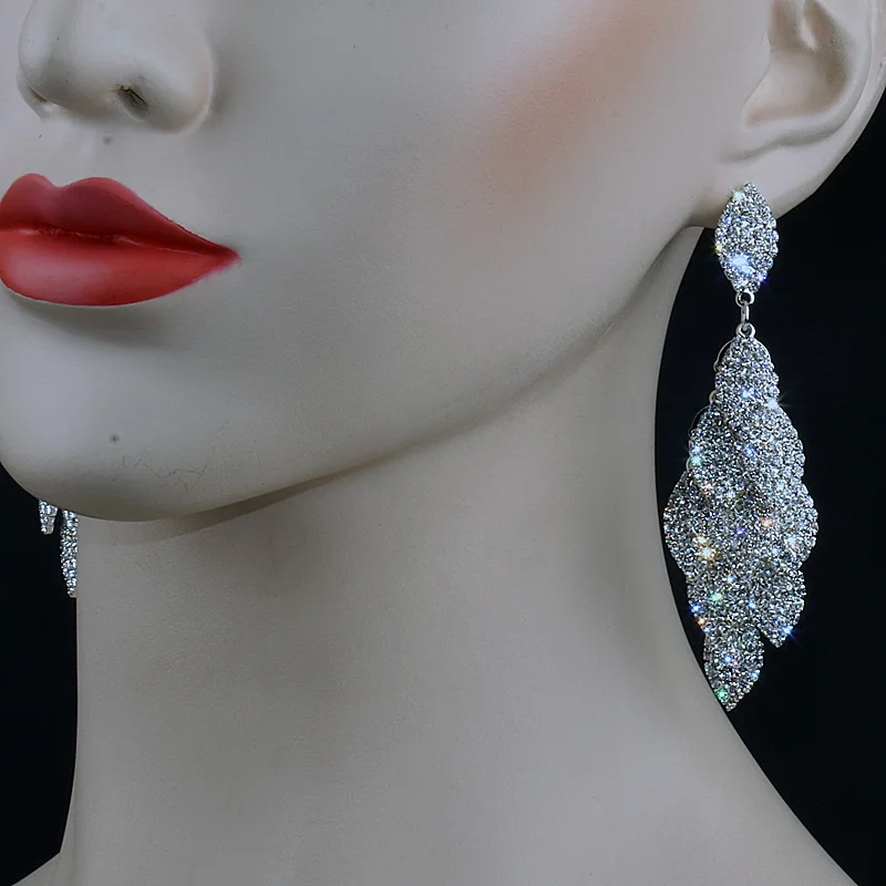 

CHRAN 2017 Bridal Jewelry Unique Exaggerated Silver Crystal sparkling Rhinestone Luxury Dangle Long Drop Big Earrings for Women