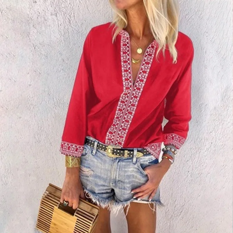 Женская винтажная Лоскутная рубашка с v-образным вырезом, с длинным рукавом, женская блузка, большие размеры 5XL, топ, летняя женская повседневная одежда - Цвет: Красный