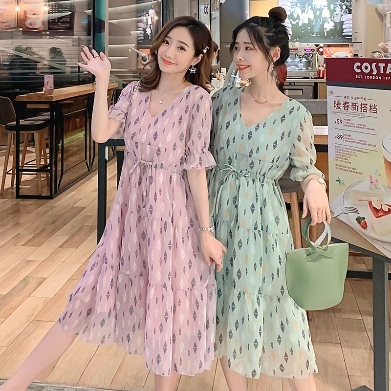 

2019 Summer V-neck Drawstring Waist Maternity Nursing Short Dress Horn Sleeve Lactation Floral Print Dress Breastfeeding Clothes