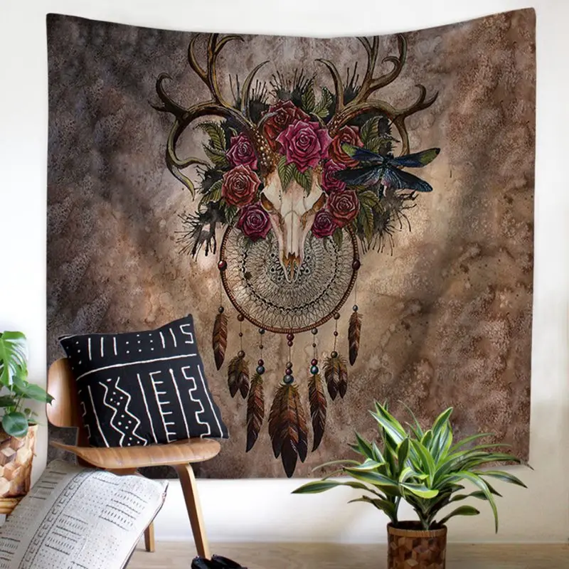 Colorful Dream Catcher Tapestry Polyester Bohemian Feather Printed Hippie Beach Tapestry Bedroom Ho