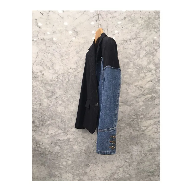 2018 Autumn Long Sleeve Women Denim Jacket Casual Jeans Patchwork Coat Asymmetrical  Top Lady Striped Coat