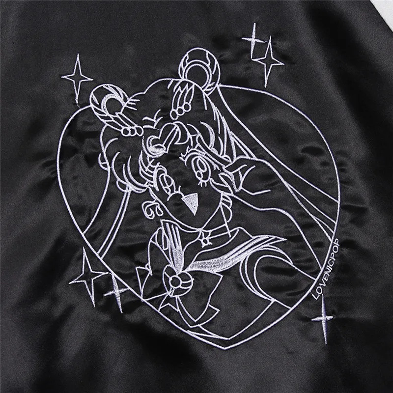 Qlychee Fashion Women Clothing Harajuku Basic Coat Satin Sailor Moon Jacket Embroidery Baseball Outerwear Jackets