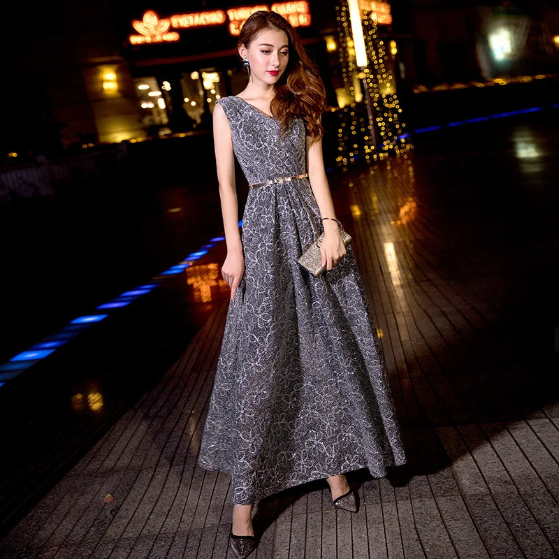 Smoke Ceinture Paillettes Tenue Color Manches Gray Col Élégantes De Robes Fête Florale Vintage V Sans Sexy Femme Robe Pour Brillant Femmes Les Longue BvwxZ7Rq
