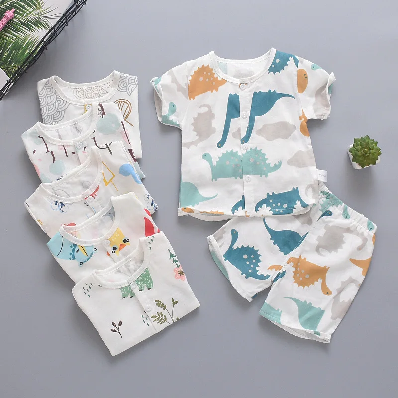 

New 2Pcs Cotton Double Gauze Children's Short Sleeve Suit Infant Baby Boy Girl Summer Clothes Suit Kids Outfits