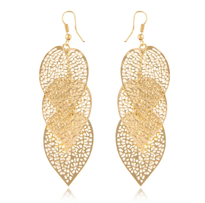 

European and American fashion color-preserving hollow metal leaf earrings earrings wholesale
