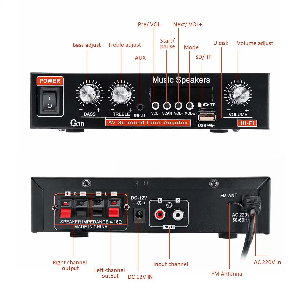Amplificador de Caixa de Som Cinema em Casa Estéreo de Áudio Automotivo Hifi Bluetooth Alto-falante Subwoofer Rádio fm Estéreo Música Alto-falantes Amplificador 12v - 220v 200w 7 fm, estéreo, música, alto-falantes, cinema em casa