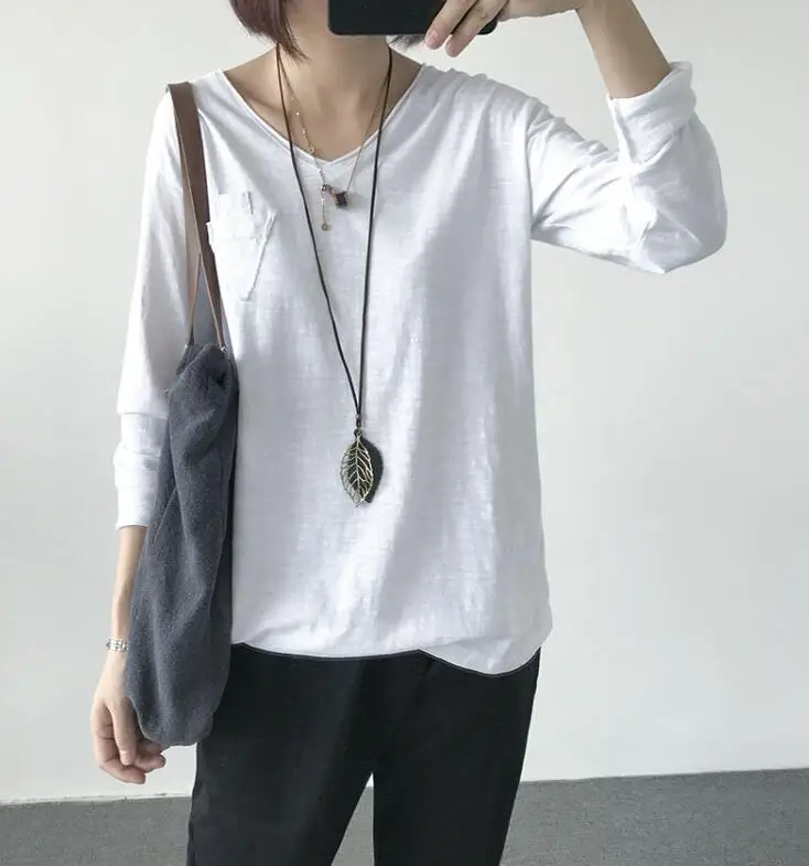  Cotton Women Shirt 2018 New Autumn Long Sleeve Blouse Comfortable V-neck Solid Color Loose Casual W