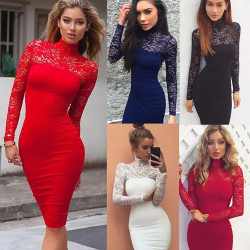 

Women Long Sleeve Turtleneck Solid Lace Bandage Bodycon Evening Party Short Dress Summer Spring Women