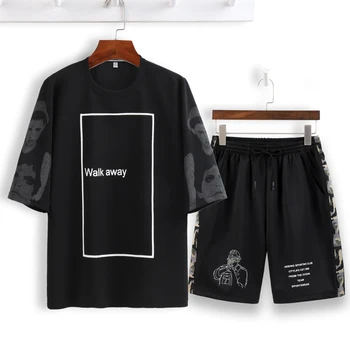 

2019 Summer Men's 2 Piece Set Tracksuit Short Sleeve Tee Joggesr Running Tops Shorts Hip Hop Highstreet Fashion Male Sweatsuit