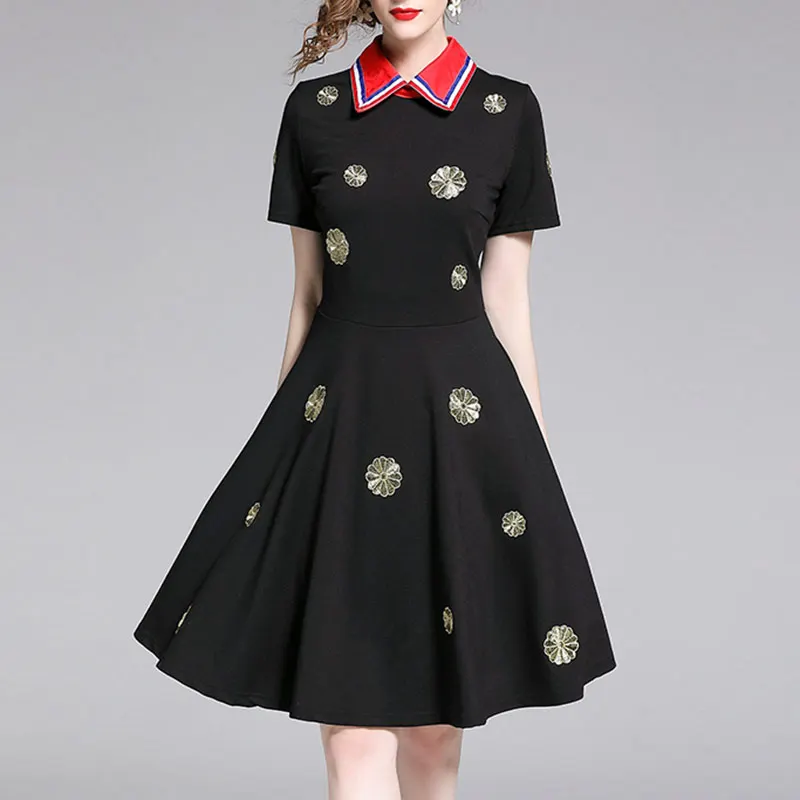 

Fashion Knitted Polo Dress Women 2019 Gold Floral Black Embroidery Black Dress Short Sleeve Turn-Down Collar A-line Casual Dress