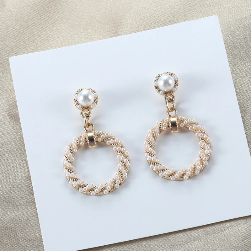 

2019 Korean Fashion Earrings For Women Pearl Hoop Earrings Geometric Round Statement Drop Earrings Party Jewelry Gift