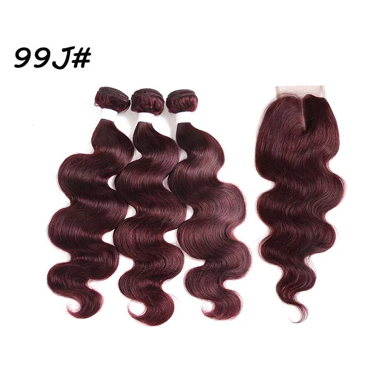 Бразильские волнистые волосы для тела, 3 пучка с закрытием кружева, 4x4 бесплатно/средняя часть#613/#4/#33/#30/#27/# 99J/# Бург Али queen hair - Цвет: # 99J