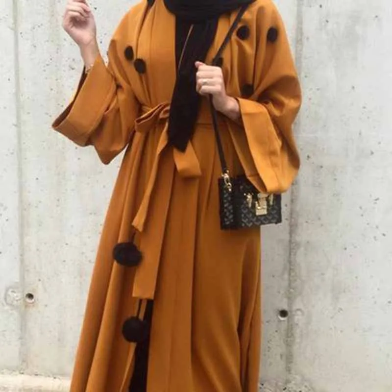 

Muslim Abaya sweet hair ball Dress Cardigan Long Robe Gowns Kimono Jubah Middle East Ramadan Worship Service Islamic Clothing