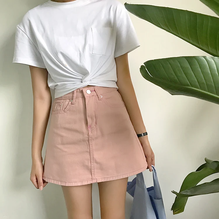 

Ailegogo High Waist Women Solid Color Denim Mini Skirt Casual Plain A-line Short Skirt Black White Green Pink Skirts Female
