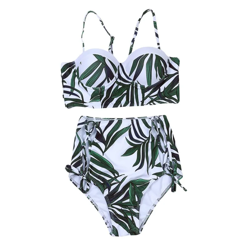

High Waist Swimwear 2019 New Leaf Print Bikinis Women Swimsuit Retro Vintage Bathing Suit Halter Biquini de bain femme