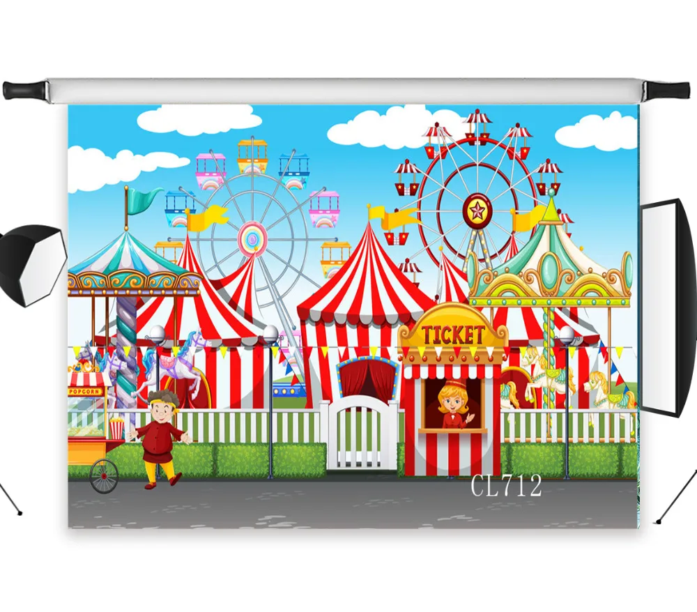 

LB Carnival Rides Amusement Circus Seamless Washable No Crease Polyester Backdrop Children Background Photography Studio Prop