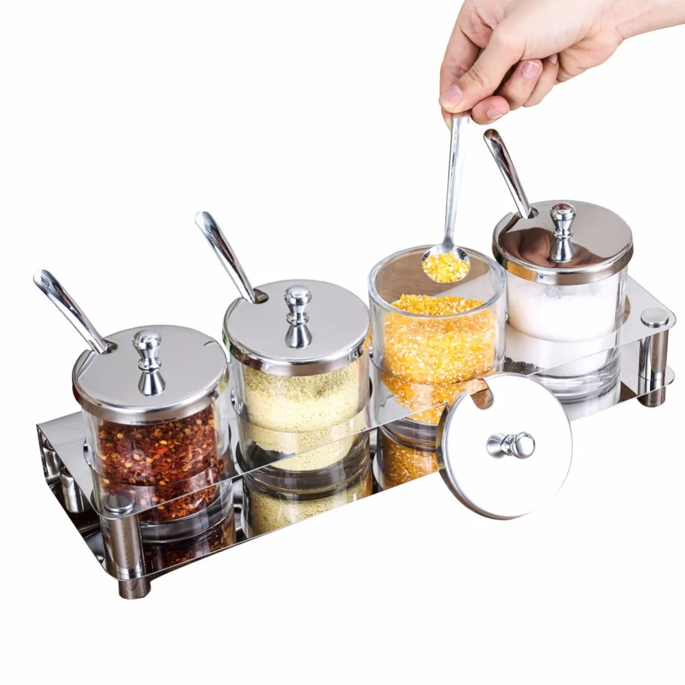 Clear Seasoning Rack Spice Pots 304 Stainless Steel and Glass Seasoning