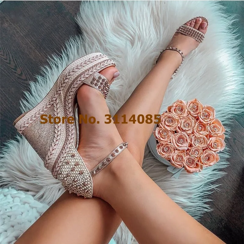 Women High End Braided Wedge Heels Rivets Sandals Exquisite Platform Strap Pumps Super Hot Gladiator Studded Plaited Dress Shoes