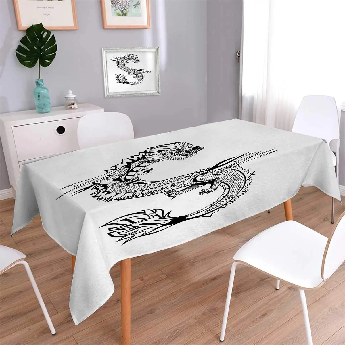 

Japanese Dragon Printed Tablecloth Ancient Far Eastern Culture Esoteric Magical Monster Symbolic Thai Style Table Cover