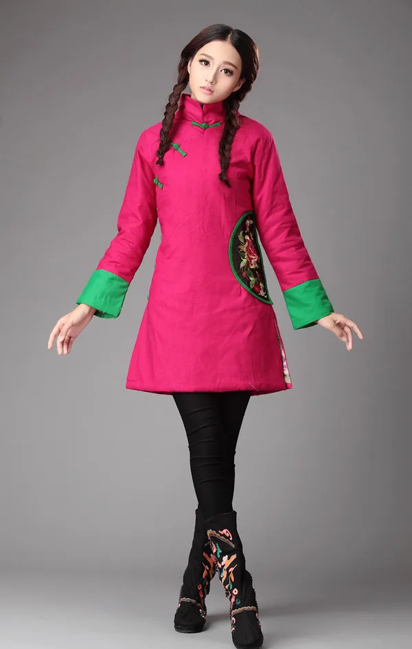 Зимние китайский стиль Ретро косые нагрудные лягушка вышивка пальто Shell тонкий куртка с хлопковой подкладкой одежда на Хлопчатобумажной Подкладке