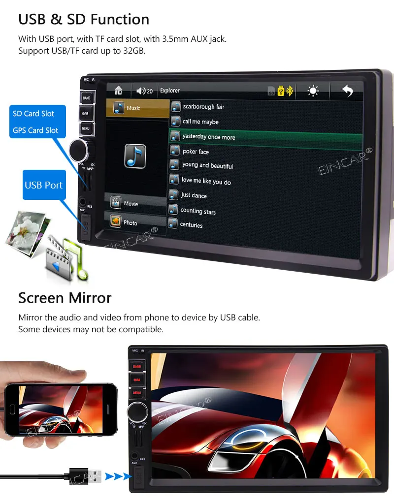 Car Radio Receiver Support Bluetooth/FM Radio/TF/USB/AUX Input EinCar 7 inch Double 2Din Touchscreen in dash Car Stereo GPS Navi