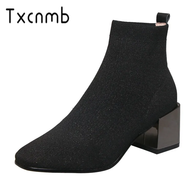 

TXCNMB Fashion Boots Women Sexy Women Knitting Round Toe Party Wedding Shoes Woman Square Black High Heels Ankle Boots