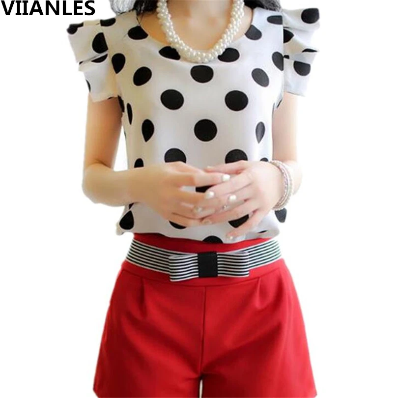 

VIIANLES Polka Dot Blouses Summer Tops Fashion O-Neck Women Chiffon Blouse Elegant Female Sweet Casual Tops Black White Shirt
