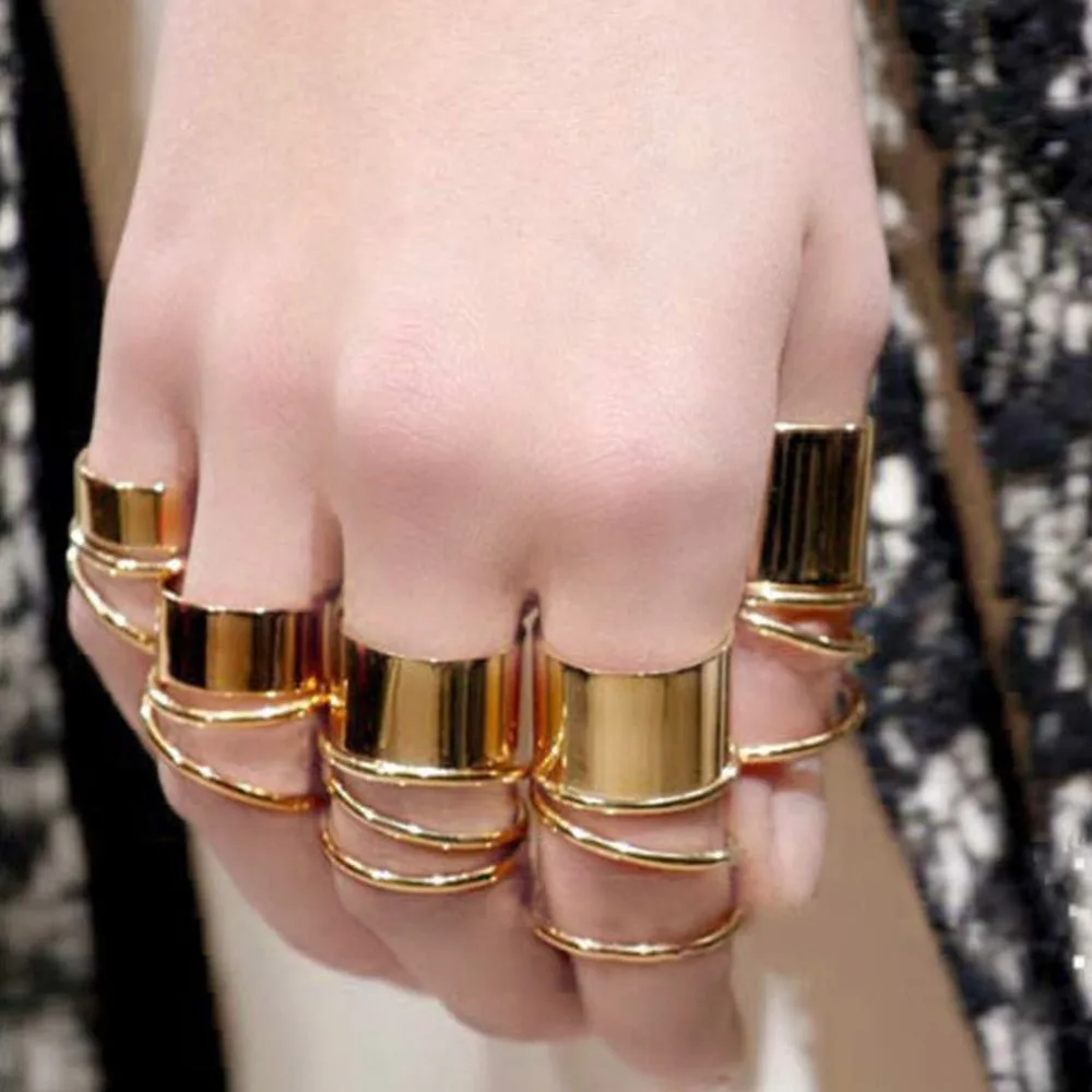 

9PCS/Lot Gold Tone Punk Wide Band Ring Stack Plain Knuckle Midi Mid Rings Set