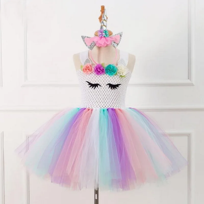 Rainbow Unicorn Tutu Tulle Dress with Hair Hoop Princess Flower Girls Party Dress Children Kids Halloween Unicorn Costume 2-10Y