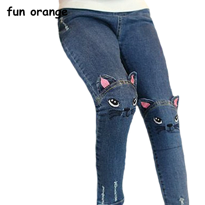 

Fun Orange Girls Jeans Fashion Cartoon Cat Embroidered Leggings Slim Pants Autumn Children Pencil Pants Kids Trousers
