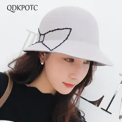 QDKPOTC 2018 Новая мода Fedoras Женская мода джаз шляпа купол бабочка ручной sewd 100% шерсть Кепки открытый большой краев Повседневное шляпа