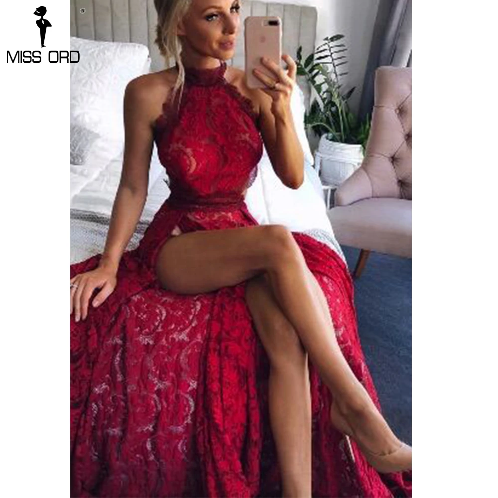 

Missord 2019 Autumn&Winter O Neck Off Shoulder Dress Sleeveless Backless Lace Up High Split Lace Dress TH18474
