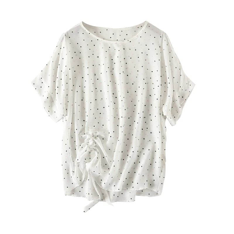 

Summer Female Silk Blouse 100% Natural Silk Tops and Blouses Women's O neck short Sleeve Silk Work office dots Blusas