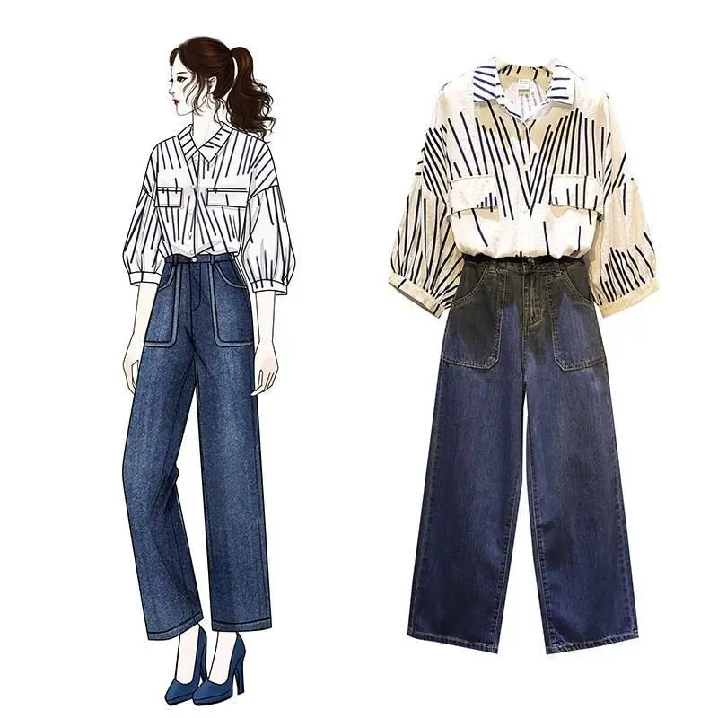 

2019 Spring Autumn Women Turn Down Collar Striped Shirts+ High Waist Cowboy Wide Leg Pants Suits Female Plus Size 5XL Sets Y71