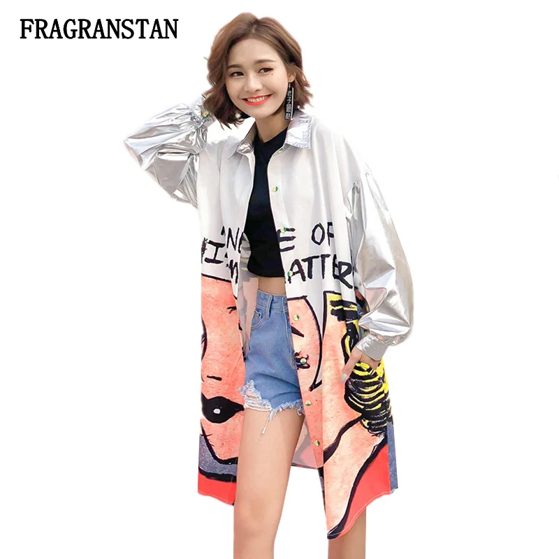 

2018 Female Spring Summer New Silvery Patchwork Shirt Women Fashion Letter Print Top Personality Casual High Quality Blouse Q571