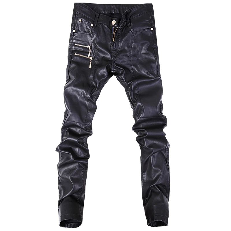 Новые осенние байкерские узкие мужские готические панк Модные брюки из искусственной кожи PU пряжки хип-хоп молнии черные кожаные брюки