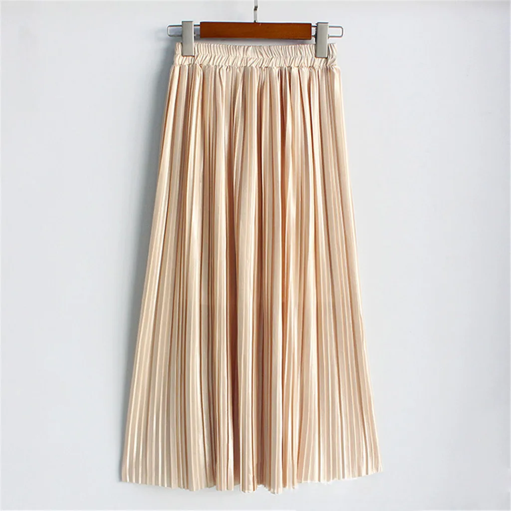 Women's Solid Color High Waist Pleated A-Line Swing Skirt Stretchy Waistline Mujer Moda Midi Denim Vadim Summer Skirts C30626