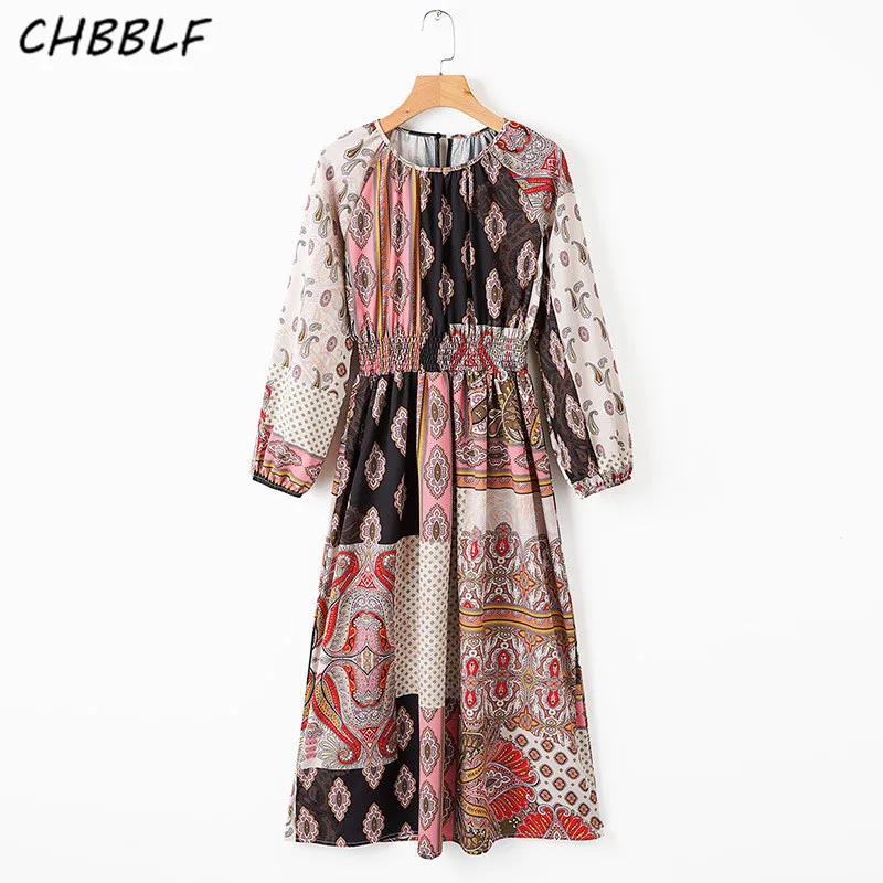 

CHBBLF women vintage print dress round collar long sleeve female casual dresses loose dresses vestido POP1828