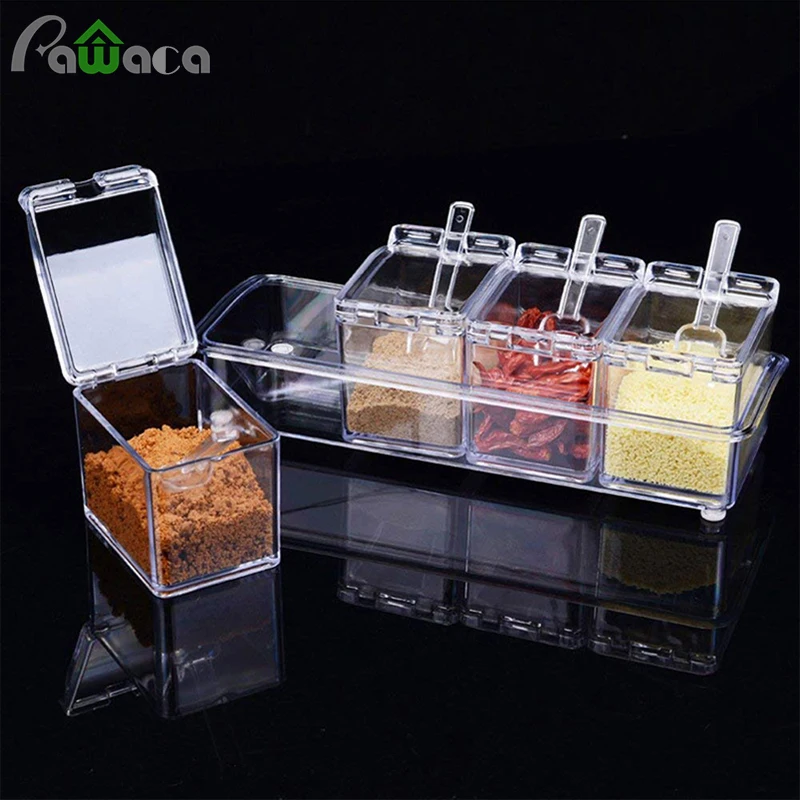 

4pcs/set Clear Seasoning Rack Spice Pots Storage Container Condiment Jars Cruet with Cover and Spoon Kitchen Utensils Supplies