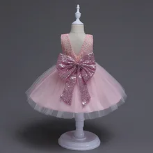 2017 New Born baby girl glitter bow tutu dress sequined Belt infant baby birthday dresses V back formal costume for princess